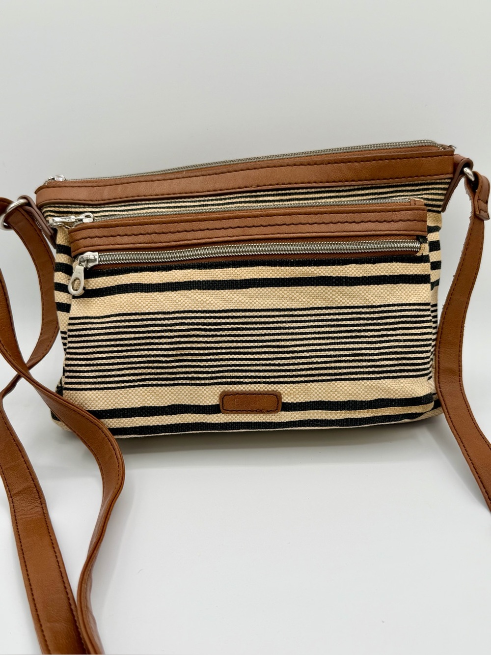 Relic Striped Canvas Crossbody Bag Tan Faux Leather Trim Multi Pocket Boho Purse - Picture 3 of 16